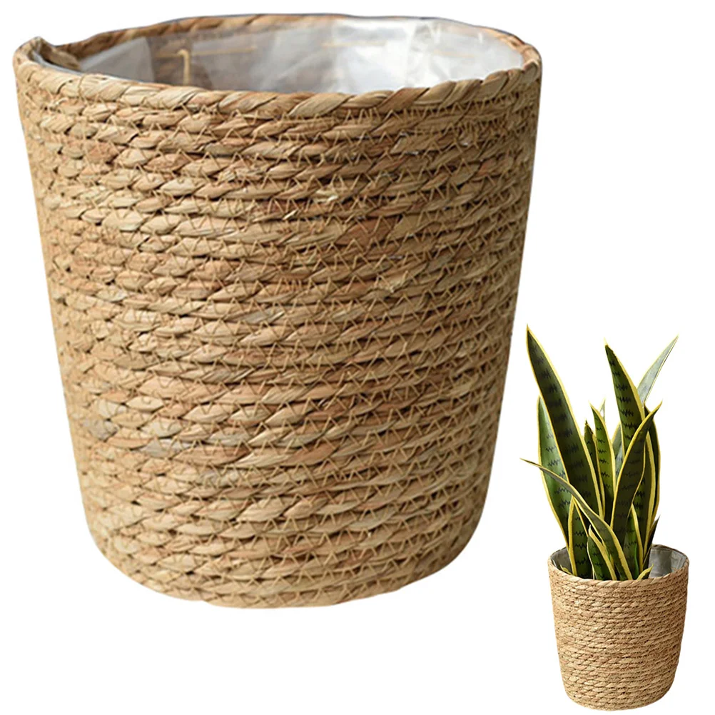 

Woven Pot with Liner Straw Woven Flower Basket Multi-functional Container Sundries Organizer
