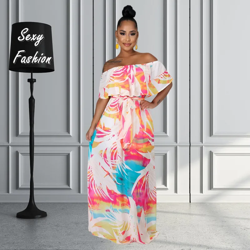 

Женские длинные платья Somoshein S-XL, летняя одежда 2022, модные повседневные шифоновые платья с открытыми плечами и принтом, Прямая поставка, опто...