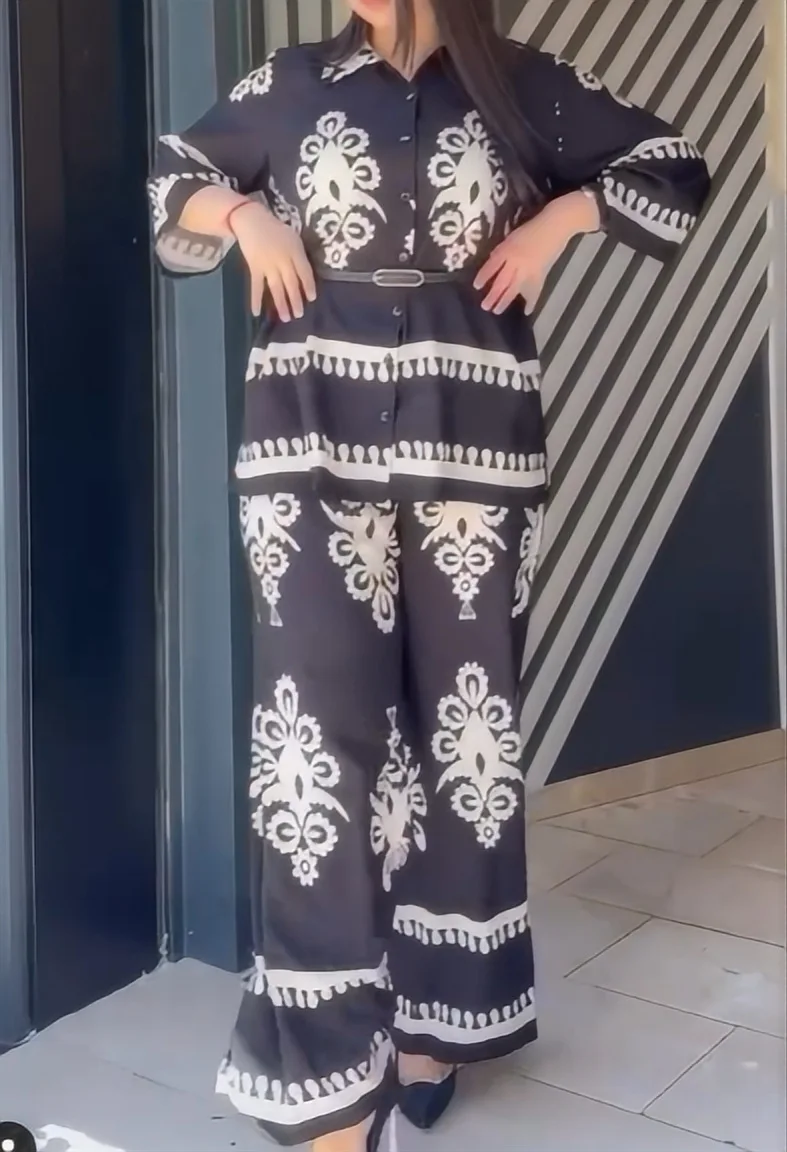 Летний Модный повседневный костюм из рубашки и брюк с принтом свободный женский
