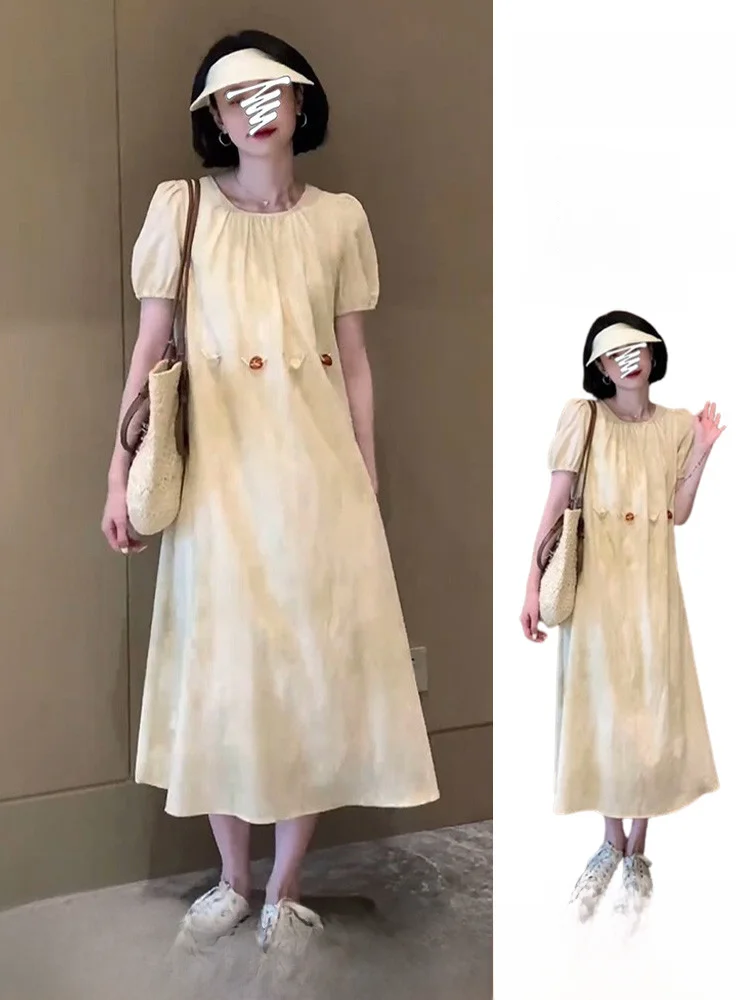 Платье с коротким рукавом во французском стиле Свободное длинное приталенное