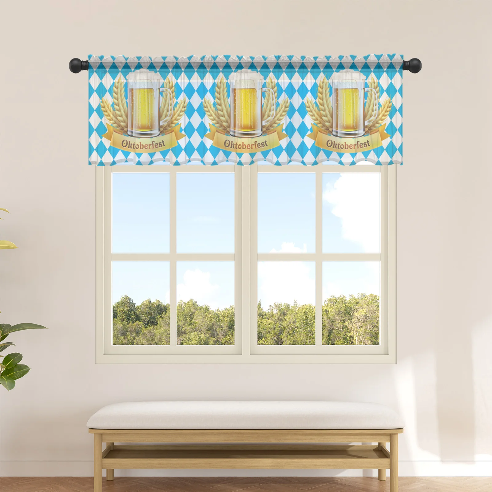 

Oktoberfest Wheat Beer Plaid Short Tulle Curtain Kitchen Small Curtain Sheer Curtain Living Room Home Decor Voile Drapes