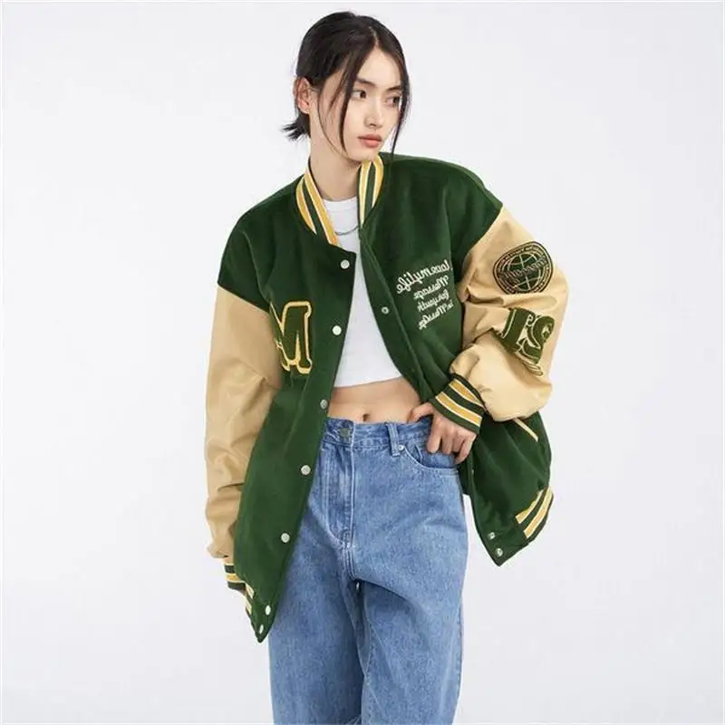 Женская винтажная бейсбольная куртка-бомбер однобортная Куртка С Вышивкой Букв