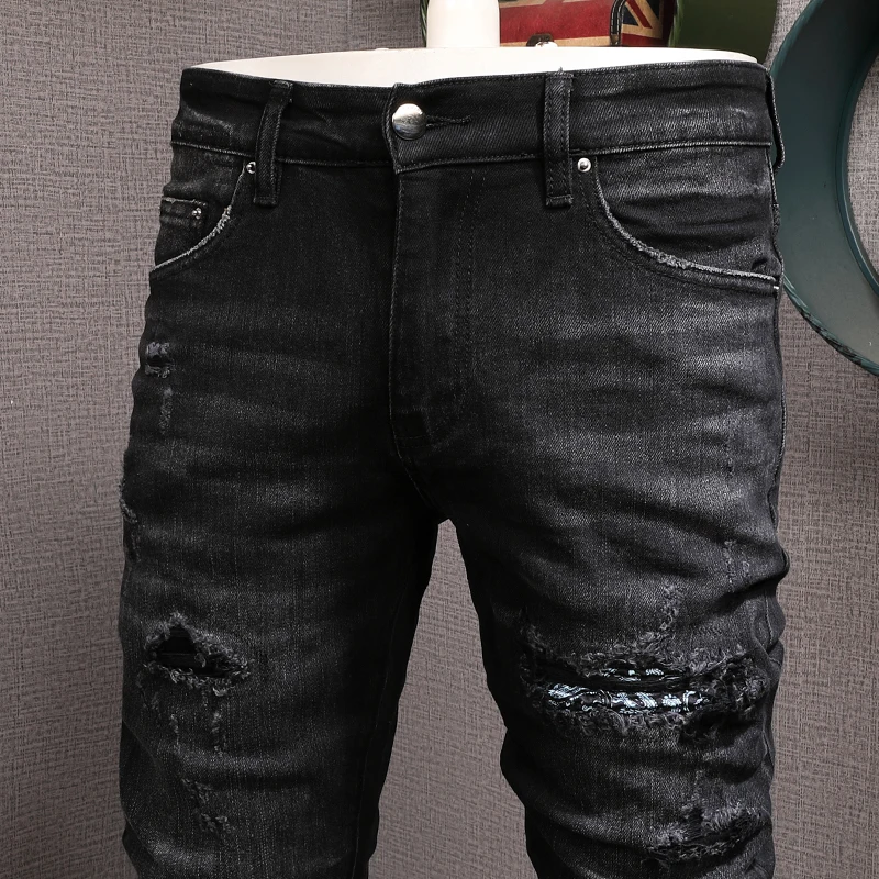 High Street Fashion Men Jeans Retro Black Gray Stretch Elastic Slim Ripped Jeans Men Patch Designer Hip Hop Brand Pants Hombre
