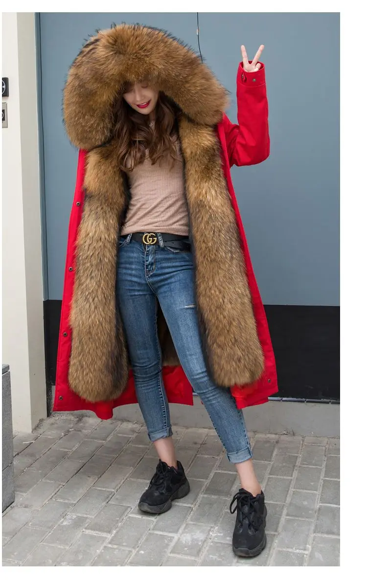 Raccoon fur full liner coat Thickened warm loose fur coat Women's plush winter new detachable large fur collar parka