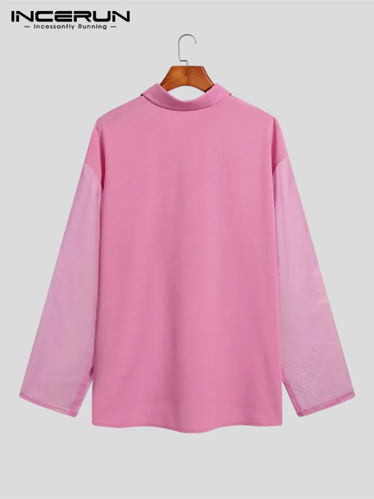 INCERUN Tops 2023 American Style Men Casual Party Hot Sale Blouse See-through Mesh Ruffled Long-sleeved Thin Lapel Shirts S-5XL