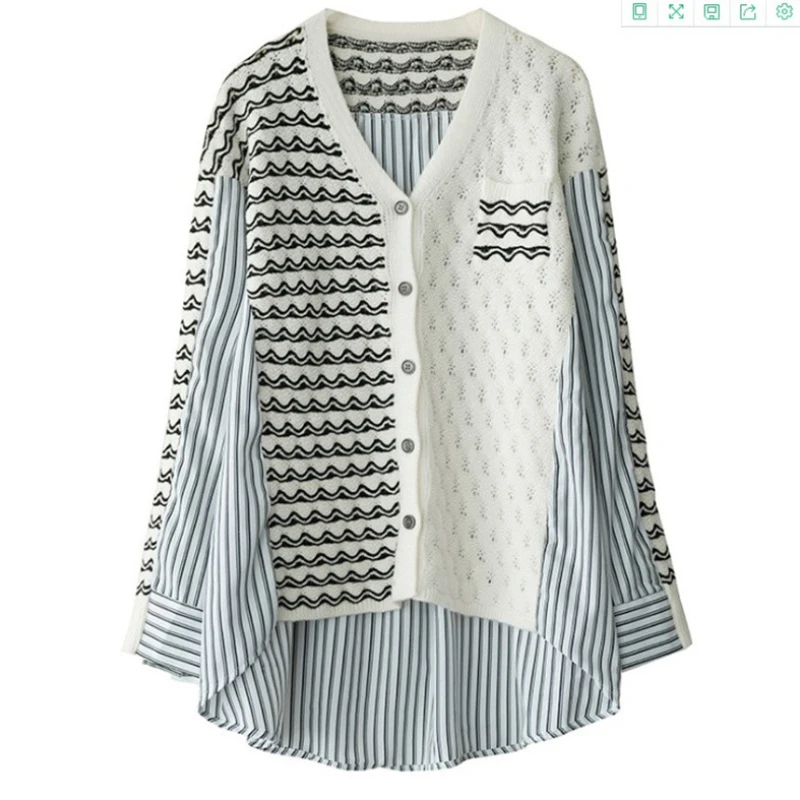 

2022 Autumn New Casual Shirt Stitching Knitted Fake Two-piece Wavy Pattern Hollow Top Thin Coat Women