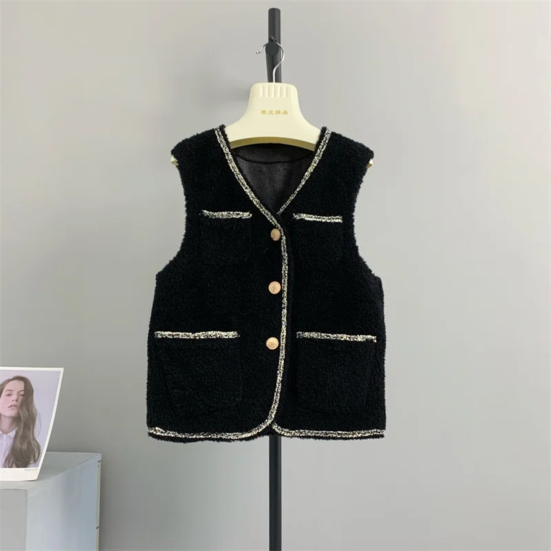 100% genuine wool Wool Little Fragrant Single breasted Women Sheep Shearing Fur One 2023 New Winter Korean Top Vest