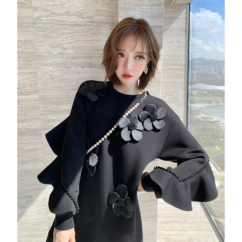 

Oversized Sweatshirt Dress Women Lantern Sleeve Elegant Sweetshirt Dresses Autumn Winter 3D Flower Hoodies Dress Hooded Jacket
