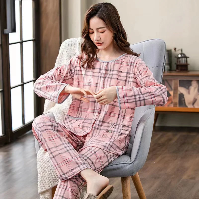 Spring/Autumn Pajamas Set For Women 100% Cotton Mom Sleepwear Long Sleeve Trousers Home Clothes Homewear