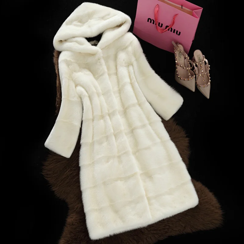 ICCLEK 2020 imitation mink coat women's autumn winter hooded long coat women's long sleeved imitation fur cut groove striped top