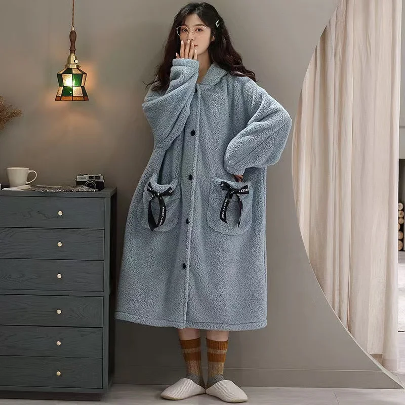 Winter Pajamas Women Coral Fleece Nightgown Pajamas Suit Home Clothes Lady 2PCS Sleepwear Flannel Long Sleeves Pijama Thick