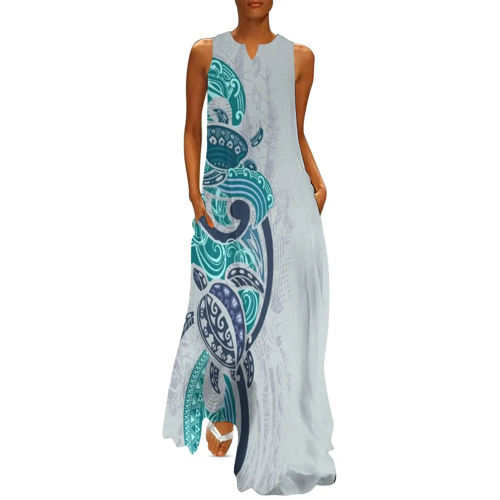 Гавайское синее длинное платье-рубашка Honu's Ocean Waves летнее платье женское 2021
