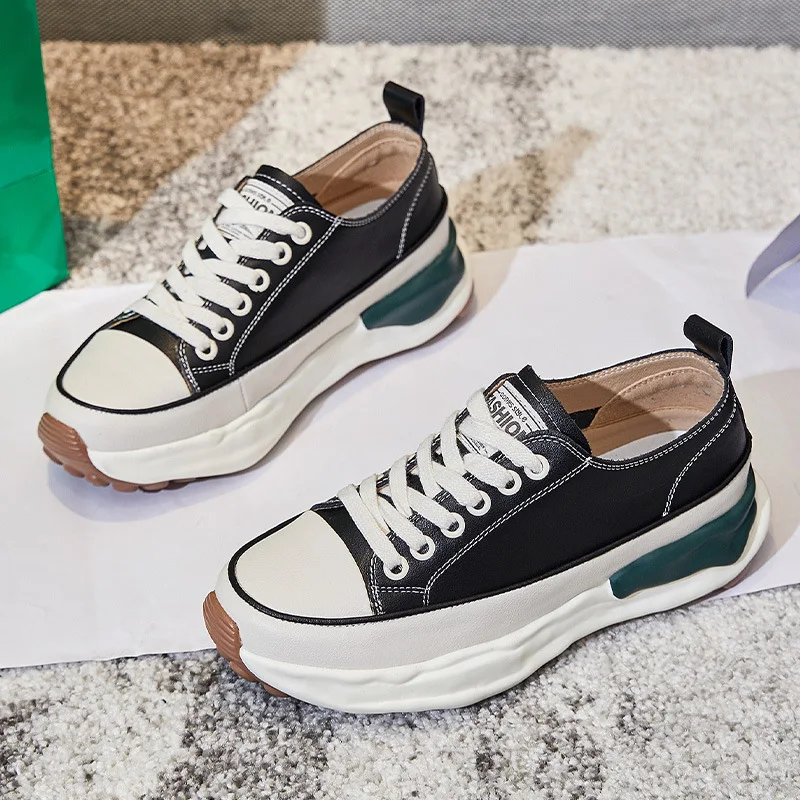 

2022Spring Autumn Women Shoes Leather Casual Shoes Low Help Fashion Thick Bottom Girls Antislip Sneakers Vulcanized Shoes
