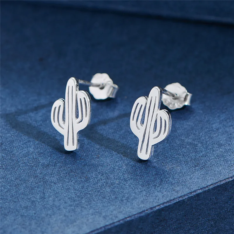 Женские серьги-гвоздики из серебра 925 пробы с яблоком сердцем и КАКТУСОМ