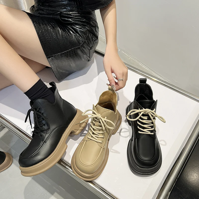 

Женские ботинки с круглым носком, на шнуровке, зимняя обувь на плоской подошве, Роскошные Дизайнерские ботильоны, женская обувь на среднем к...