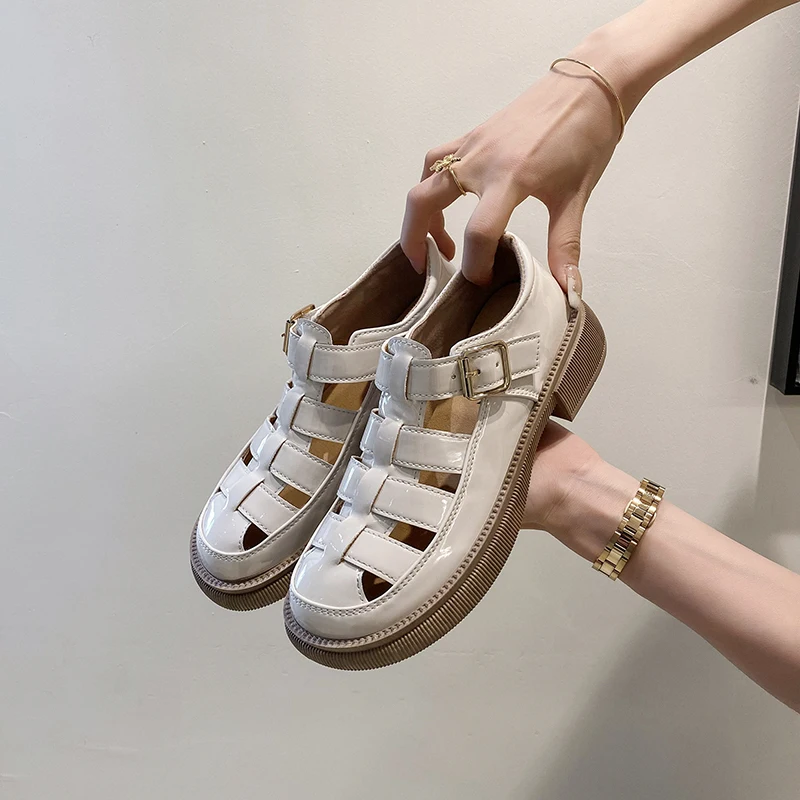 

Сандалии женские на каблуке, удобные дышащие босоножки с круглым носком, на среднем каблуке, толстая пляжная обувь, черные, бежевые, 2022