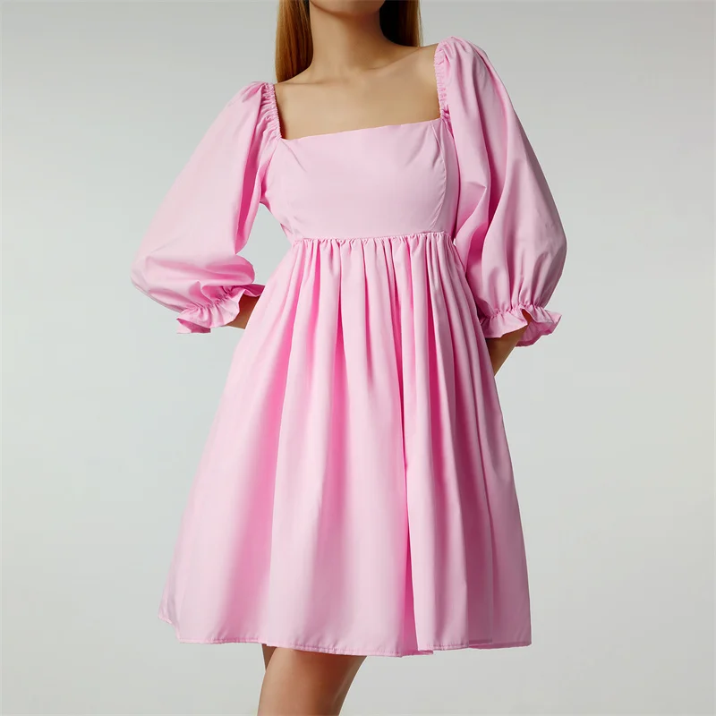 

Женское короткое платье с квадратным вырезом, однотонное летнее платье-трапеция с коротким рукавом-фонариком и глубоким вырезом, розовое/ж...