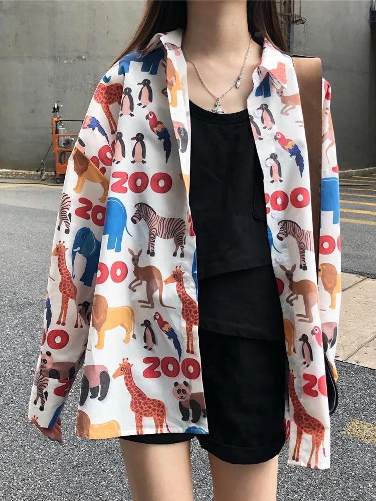Deeptown Harajuku Shirt Women Zoo Print Button Up Shirt Long Sleeve Top Kawaii Animal Graphic Blouses Female Streetwear Clothes