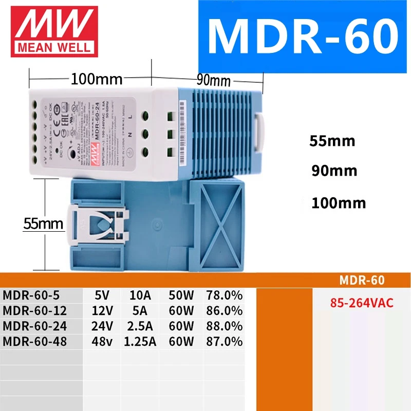 MEAN WELL MDR-10 20 40 60 100 - 5 12 15 24 48 meanwell MDR -10 -20 -40 -60 -100 W V Output Industrial DIN Rail