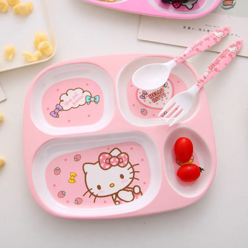 

Cute Pink Hello Kitty Children 's Tableware Accessories Set Cartoon Children Cutlery Separate Four Compartment Boby Plates Bowls