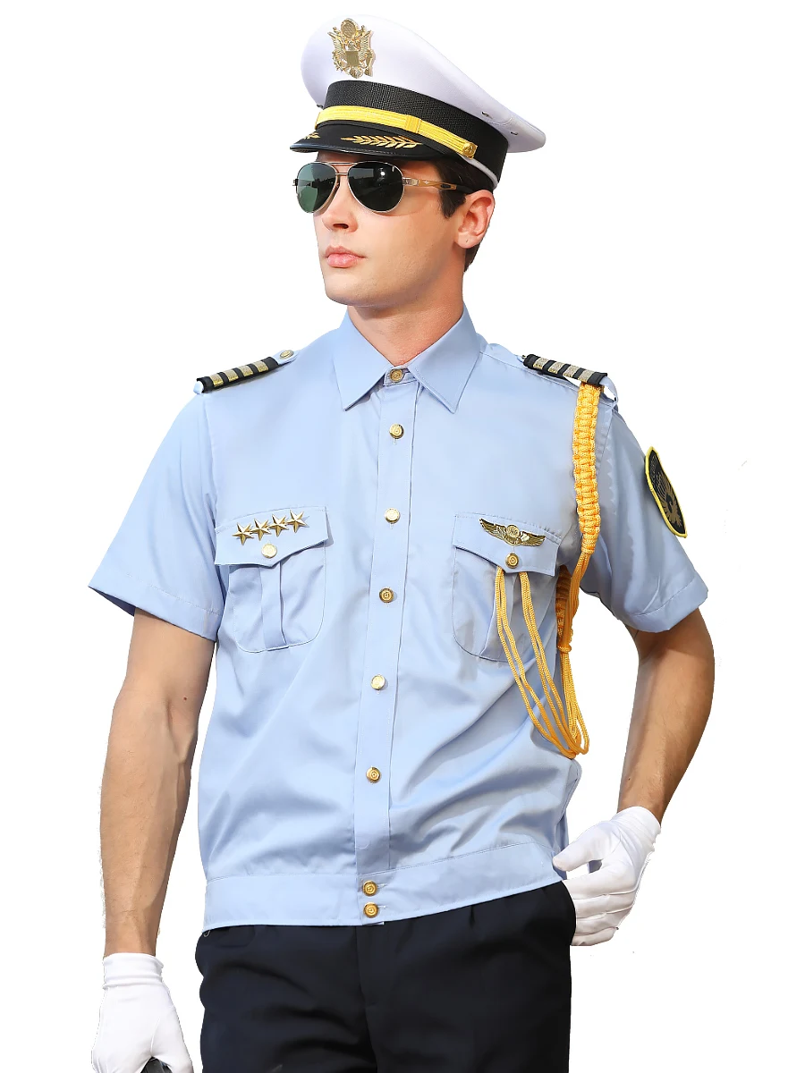 High Quality Summer Security Uniform Men Manager Professional Light Blue AirLine Captain Uniform Pilot Short Sleeves Shirts