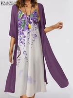 zanzea 2pcs cardigan and v neck floral printed straps dress vestidos women bohemian beach holiday elegant casual loose suit 2022