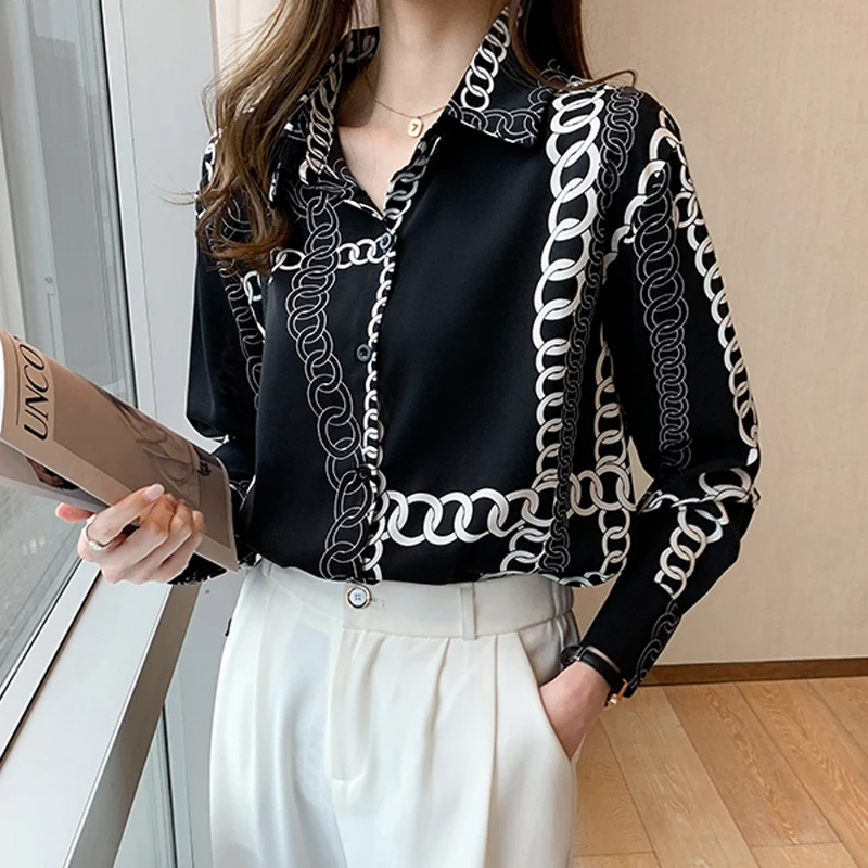 Autumn Loose Tops Fashion Office Lady Clothes Elegant Chain Printed Blouse French Style Long Sleeve Chiffon Shirt Blusas 27894