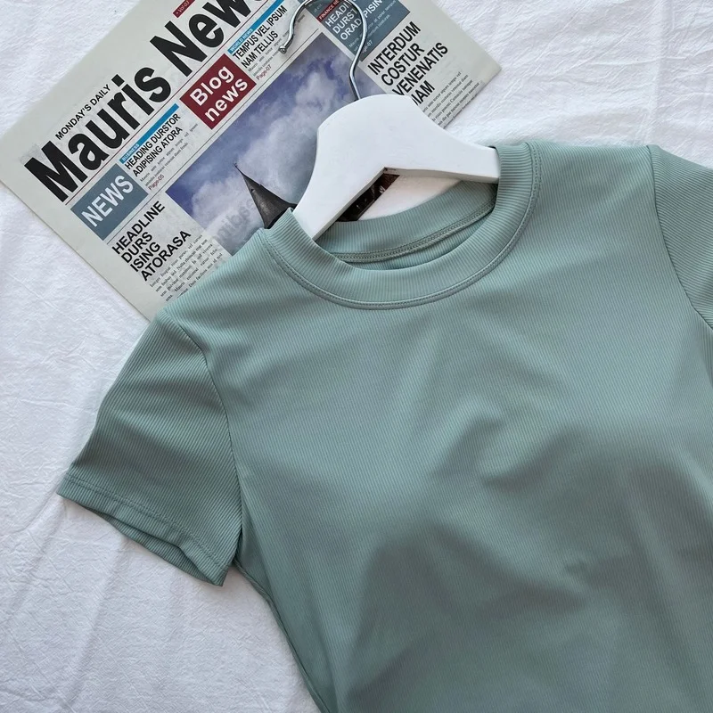 LU Sport Top Woman Ribbed Short Sleeve T Shirts Blouse Solid Padded Waist Open Sports Crop Tank Shirt Fitness Soft Gym T-shirts