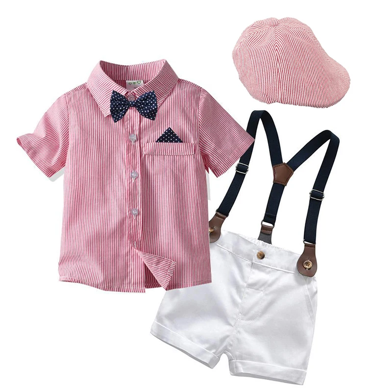 

Официальный летний костюм для мальчиков, детская одежда для джентльмена, розовая футболка, шорты с галстуком-бабочкой в горошек, костюм на д...