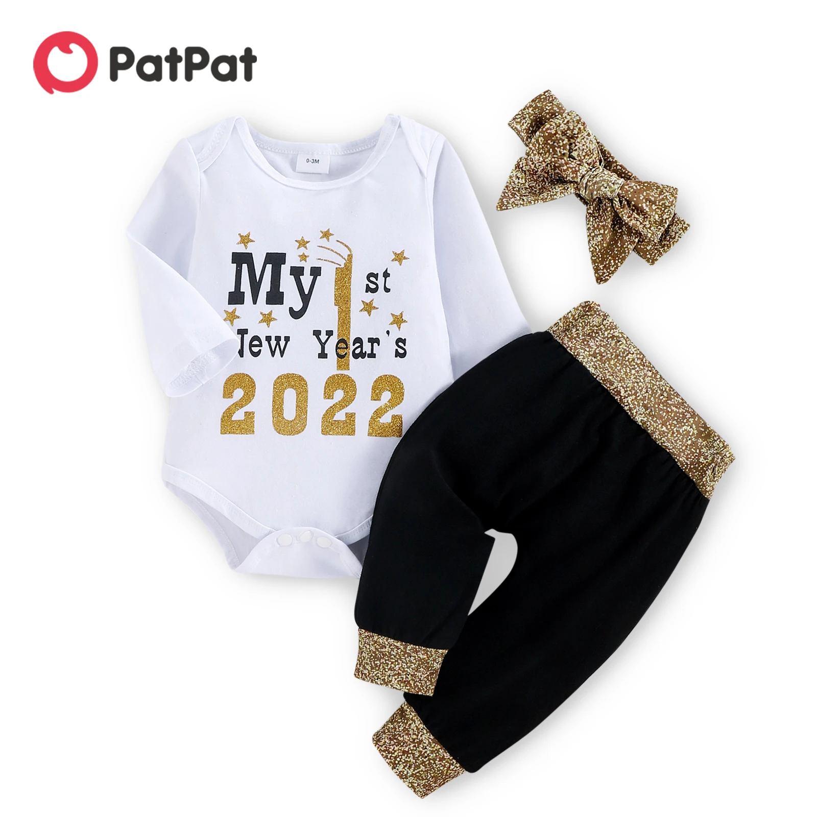 

PatPat New Year 3pcs Baby Girl Letter and Number Print Long-sleeve Romper with Trousers Set
