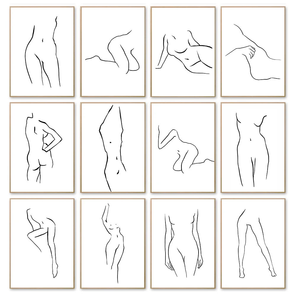 

Абстрактная Сексуальная Женская фотография тела изогнутая линия Художественная печать черная белая Картина на холсте Минималистичная Нас...