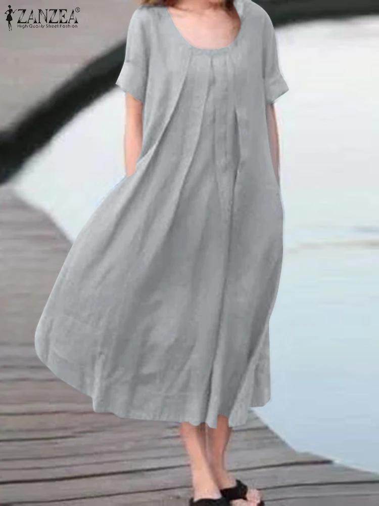 

Женский плиссированный сарафан ZANZEA, стильное летнее платье миди с коротким рукавом и круглым вырезом, женское Повседневное платье большого...