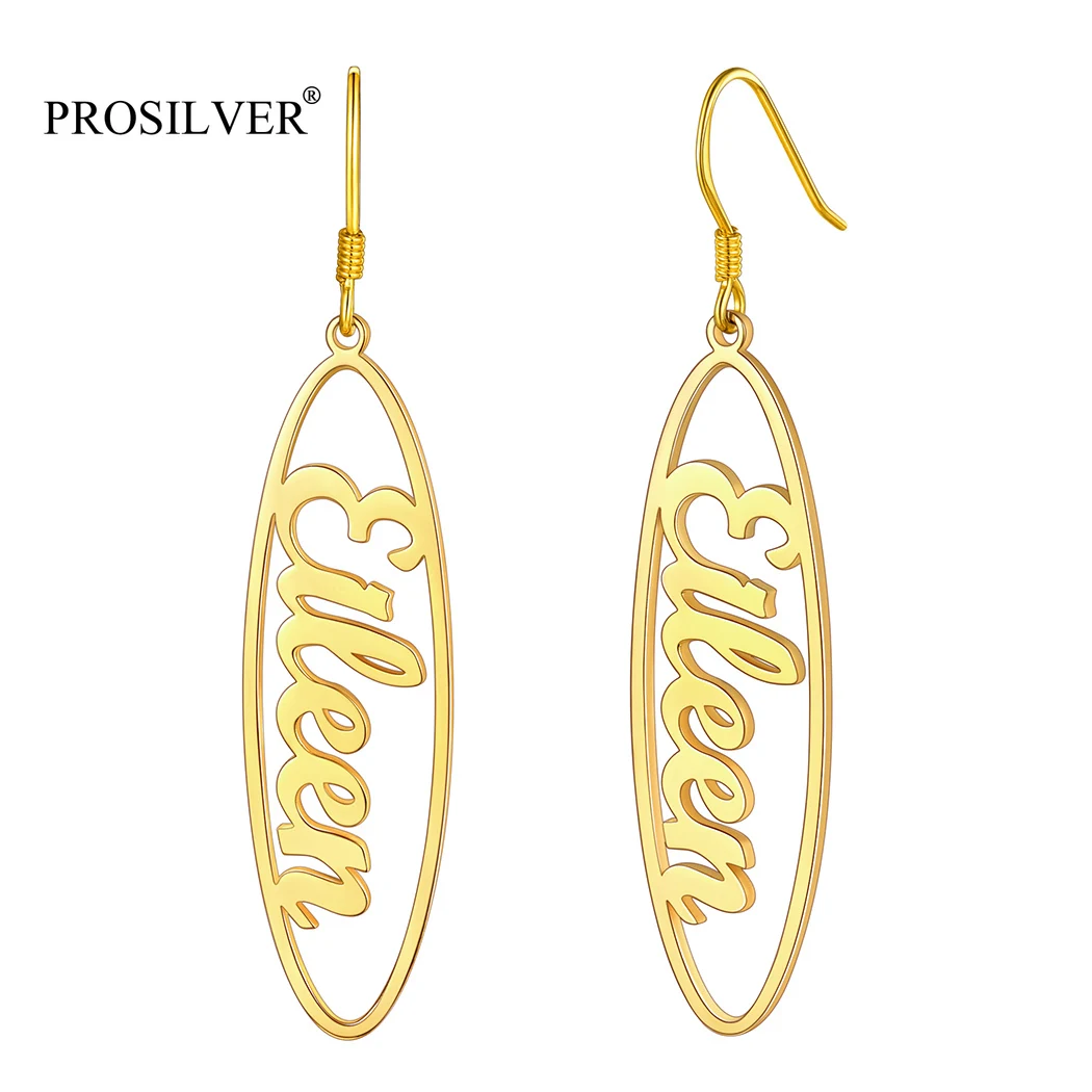 

PROSILVER Women Personalized Name Earring Jewelry Gift Delicate Dangle Drop Oval Silver/Gold Plated Copper Earrings PYE15080