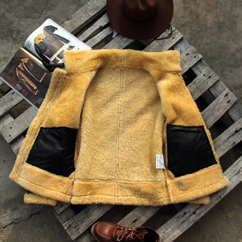 2024 теплая мужская кожаная куртка винтажная овечья шерсть классическое зимнее