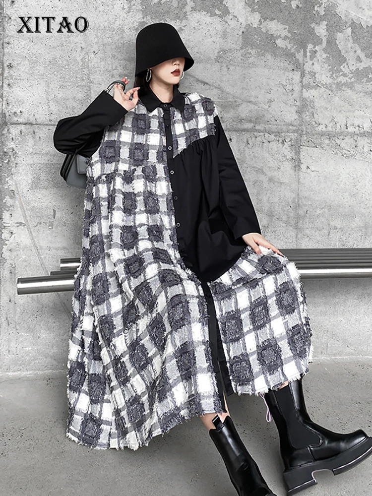 

XITAO Fashion Plaid Shirt Dress Loose Casual Irregular Contrast Color Patchwork Long Sleeve Single Breasted Women Autumn ZY8150
