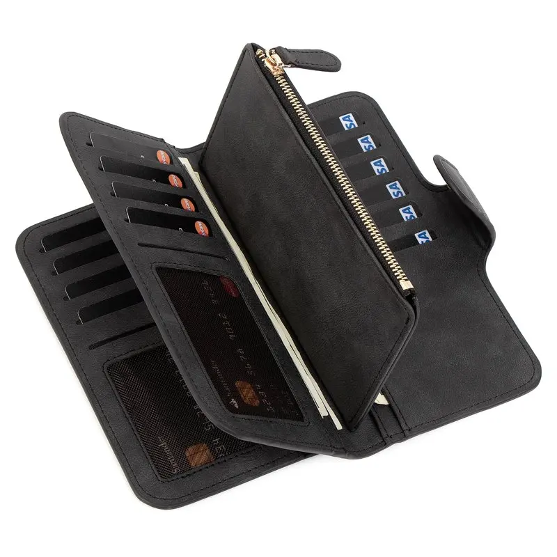 RFID Wallets Women's Fashion PU Leather Trifold Clutch Long Ladies（black)