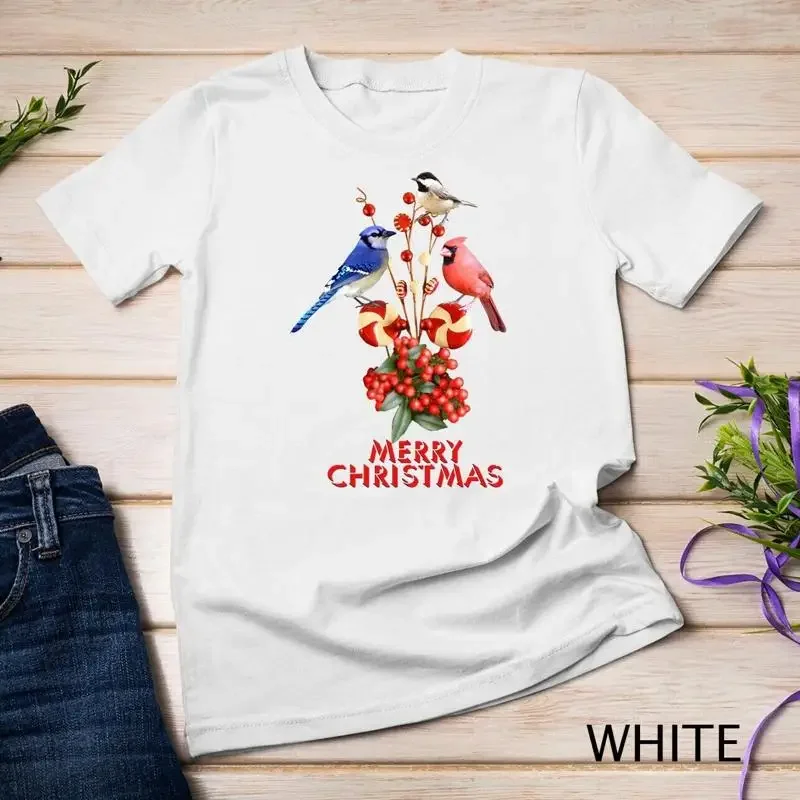Фото Футболка унисекс Merry Christmas Cardinal Blue Jay and Chickadee №1