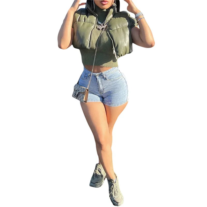 

Women PU Leather Puffer Vest, Sleeveless Stand Collar Solid Color Zip Up Padded Vest Coat Tops