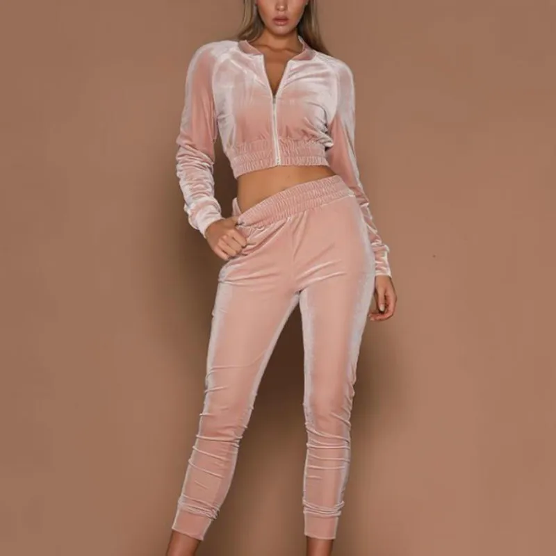 

Velvet Tracksuit Set Women Zipper Hoodies Sweatshirt Long Pant Suit Spring Autumn Fashion Short Pullover Casual Sport Trousers