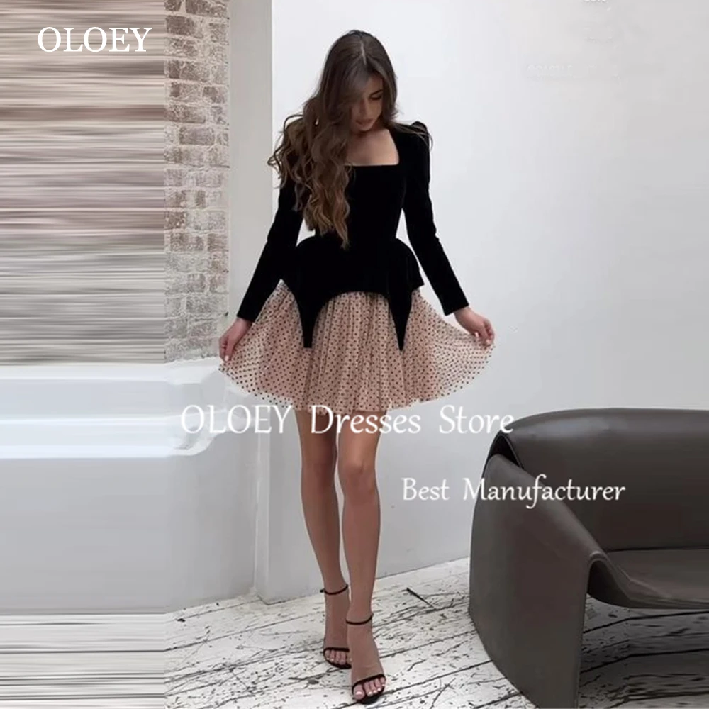 OLOEY Черное мини-коктейльное платье трапециевидной формы в горошек с квадратным