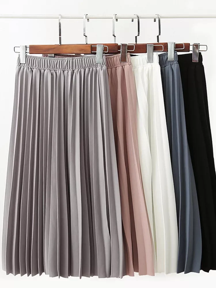 

2020 Spring Summer Women High Waist Skirt Solid Color Pleated Skirt Women Causal Midi Skirts