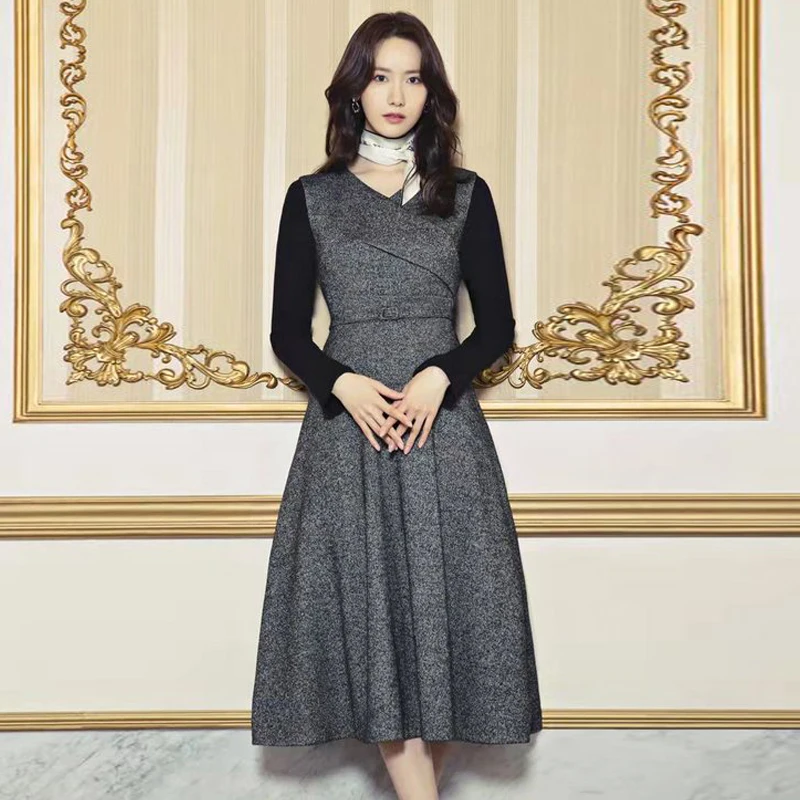 

Designer High Quality Spring Autumn New Women's Celebrity Party Vintage Elegant Fashion V-neck Knit Long Sleeve Patchwork Dress