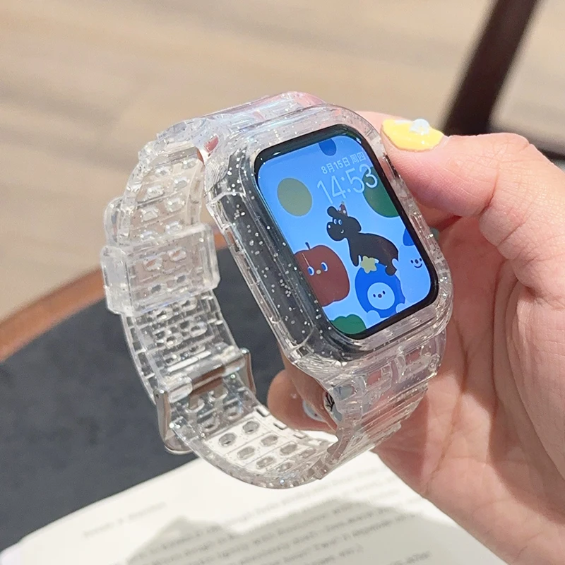 Фото Силиконовый ремешок + чехол для Apple Watch ремешки 11 42 мм 46 мм 44 мм 40 мм 41 мм 45 мм Прозрачный браслет iWatch серии 10 9 8 7 6 5 Se 3 №1