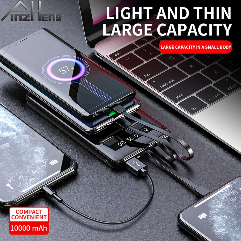 

PINZHENG 20000mAh Power Bank For Xiaomi iPhone Power Bank Portable Charger Battery Digital Display Powerbank With Own 3 Cable