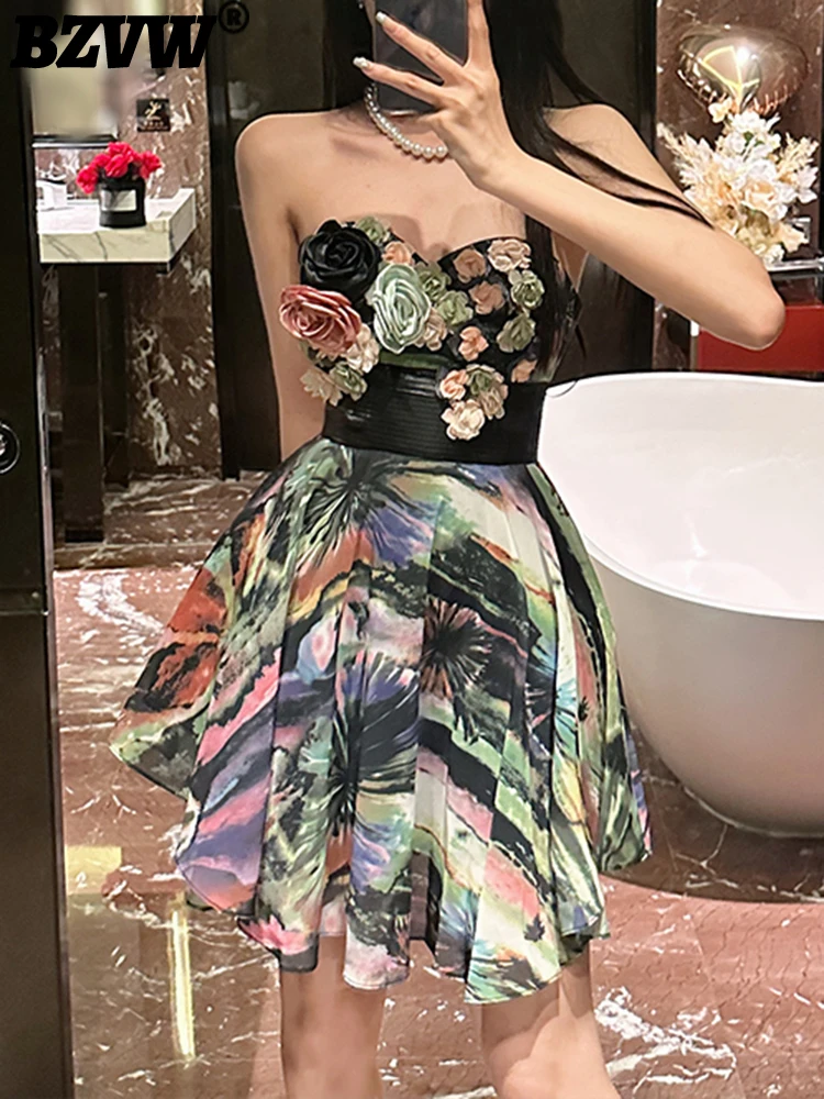 

BZVW Light Luxury 3D Floral Elegant Strapless Dresses For Women Temperament Party A-line Short Dress Female 2023 Trend 25X01993