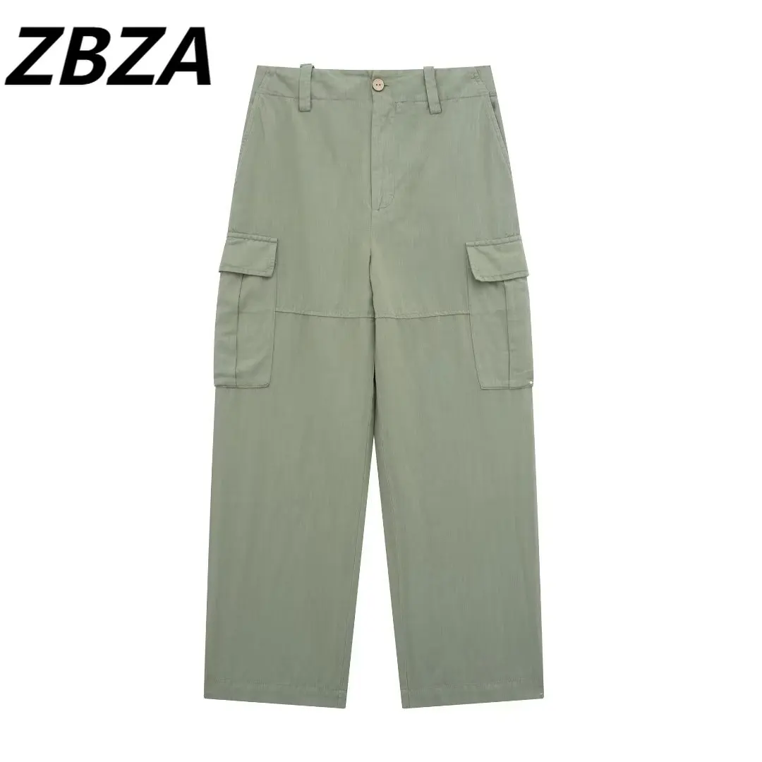 

ZBZA Women 2023 New Fashion Chic Spring Vintage High Elastic Waist Side Pockets Flax Blending Tooling Pants Female