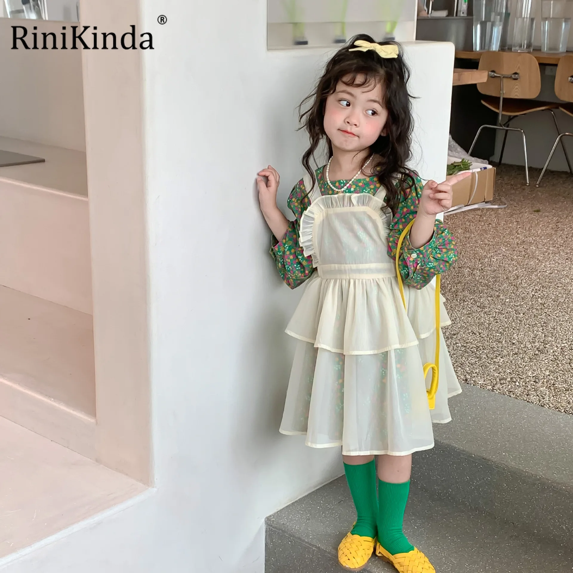 

RiniKinda Girls Dress 2022 Spring Autumn Children's Baby Pastoral Floral Princess Dress + Ruffles Lace Cover Two-piece Set