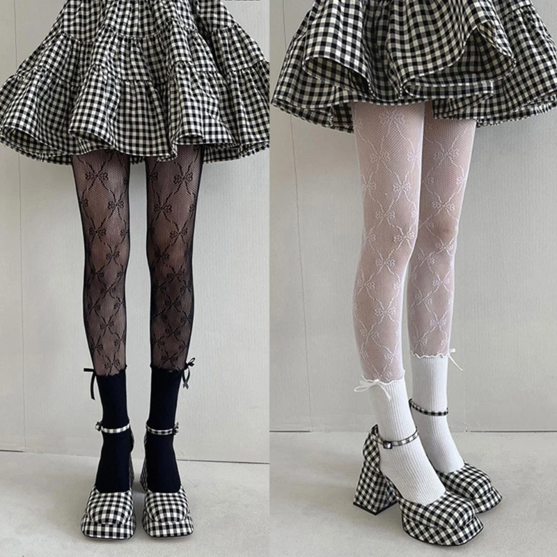 

Women Cute Ruffle Crew Socks Pantyhose Bowknot Lace Patterned Patchwork Fishnet Mesh Tights Bottoming Leggings Stockings