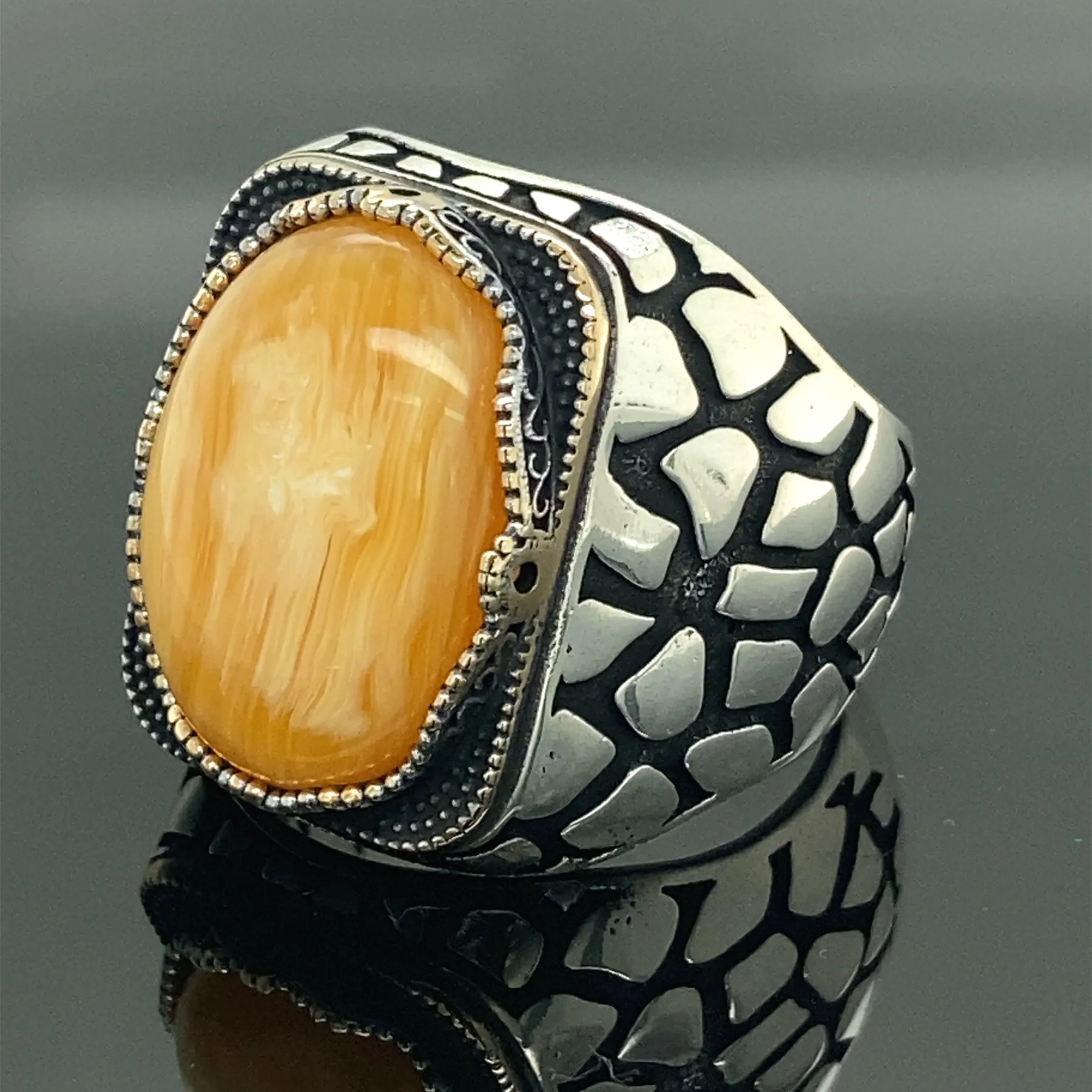 

Мужское серебряное кольцо из янтарного камня, кольцо из натуральной искусственной кожи, Овальный драгоценный камень, мужское османское кол...