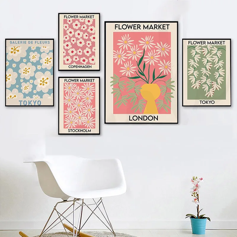 

Abstract Colorful Flower Wall Art Poster Vintage Minimalist Canvas Painting Pink Blue Green Art Print Nordic Pictures Home Decor